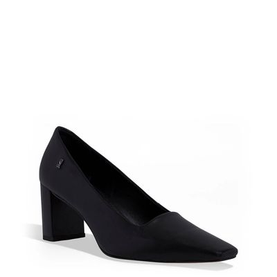 Scarpin Couro Bico Quadrado Recorte Preto