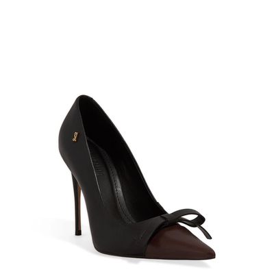 Scarpin Couro Pelica Preto Salto Alto Laço