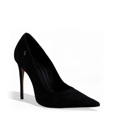 Scarpin Couro Camurça Preto Salto Alto Fino
