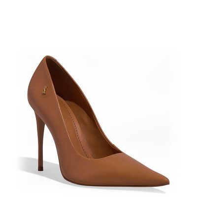 Scarpin Couro Salto Alto Caramelo Bico Fino