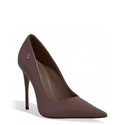 Scarpin Couro Salto Alto Marrom Fog Bico Fino