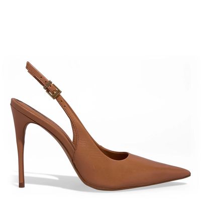 Scarpin Slingback Couro Salto Alto Caramelo