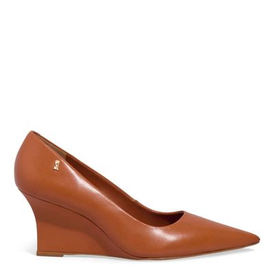 Scarpin Anabela Couro Caramelo Bico Fino