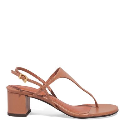 Sandália De Dedo Couro Salto Bloco Bege