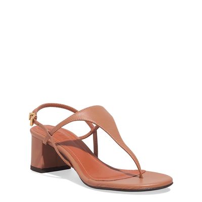 Sandália De Dedo Couro Salto Bloco Bege