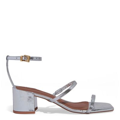 Sandália Lolla Couro Metalizado Prata Salto Bloco