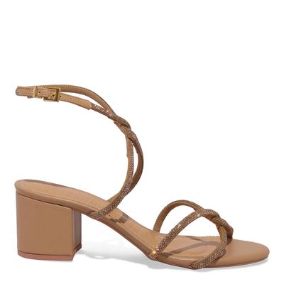 Sandália Napa Soft Brilho Strass Salto Bloco Bege