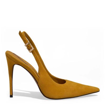 Scarpin Slingback Couro Camurça Amarelo Salto Agulha