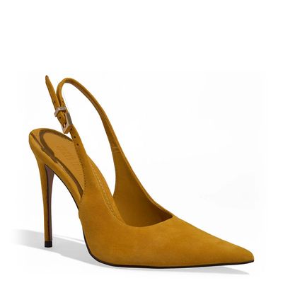 Scarpin Slingback Couro Camurça Amarelo Salto Agulha