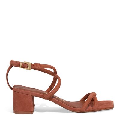 Sandália Couro Camurça Bico Quadrado Caramelo