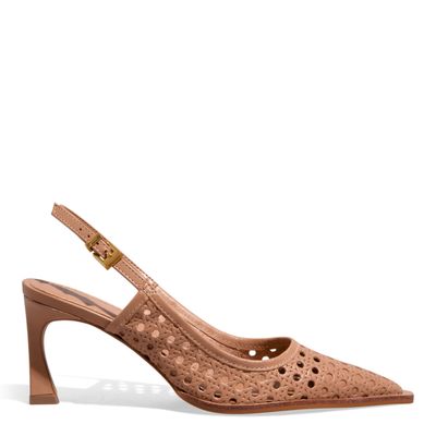 Scarpin Slingback Couro Tressê Bege Bico Fino