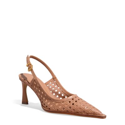 Scarpin Slingback Couro Tressê Bege Bico Fino