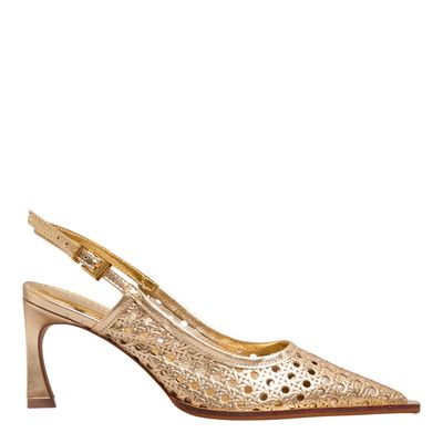 Scarpin Slingback Couro Metalizado Tressê Dourado