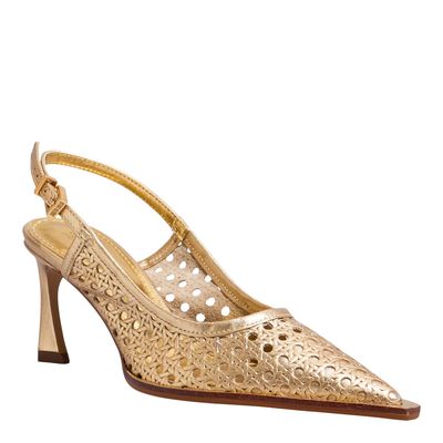 Scarpin Slingback Couro Metalizado Tressê Dourado