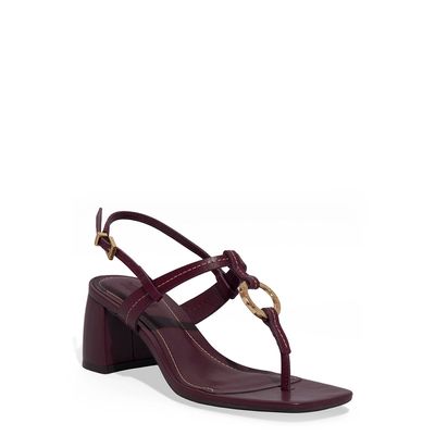 Sandália Thong Couro Soft Salto Bloco Roxo Berry