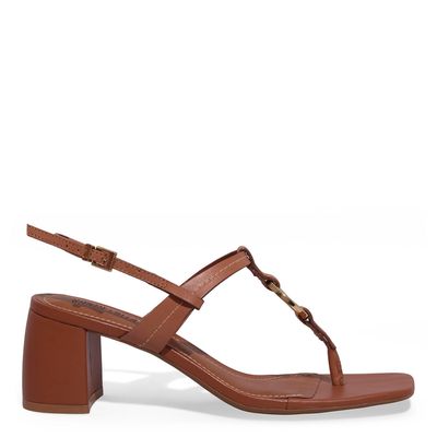 Sandália Thong Couro Soft Salto Bloco Marrom