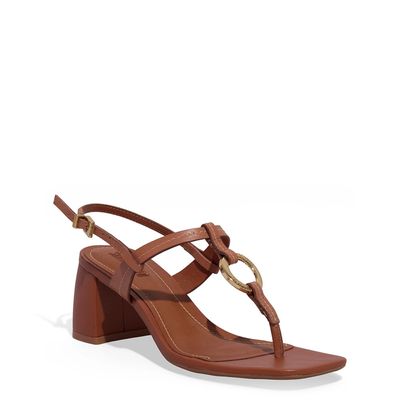 Sandália Thong Couro Soft Salto Bloco Marrom