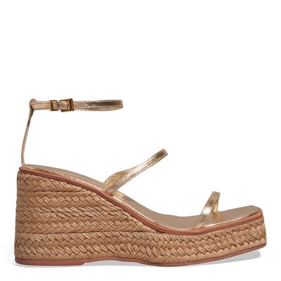 Sandália Espadrille Anabela Couro Metalizada Dourada