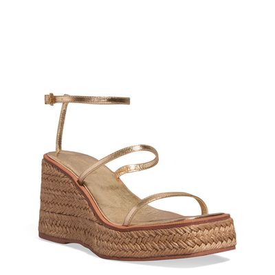 Sandália Espadrille Anabela Couro Metalizada Dourada