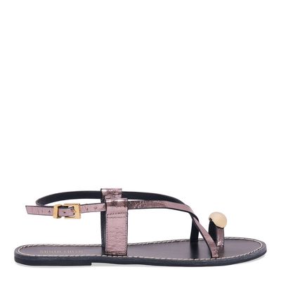 Rasteira De Dedo Couro Metalizada Prata