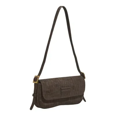Bolsa Pequena Couro Camurça Croco Marrom Dark Alça De Ombro