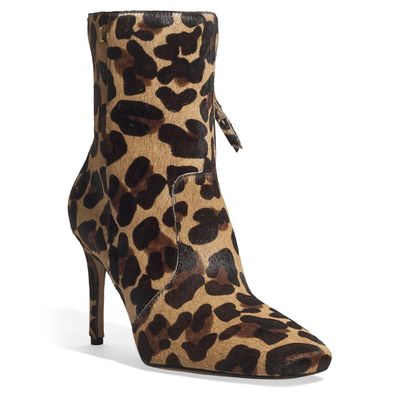 Bota Cano Curto Couro Pelo Salto Fino Animal Print Onça