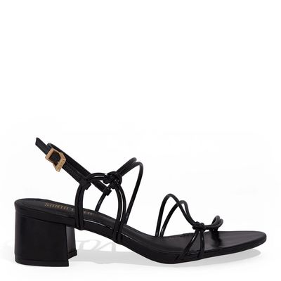 Sandália Tiras Couro Salto Grosso Preta