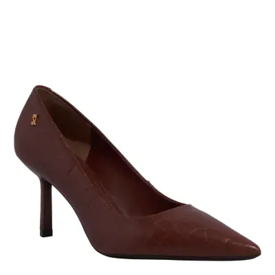 Scarpin Croco Italiano Bico Fino Marrom Terracota