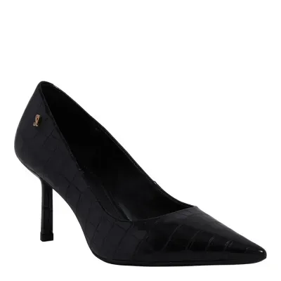 Scarpin Croco Italiano Bico Fino Preto