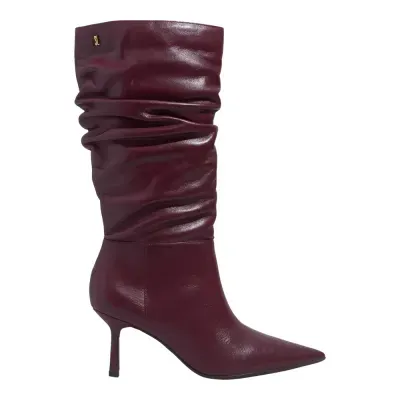 Bota Drapeado Couro Soft Cano Longo Bico Fino Roxo