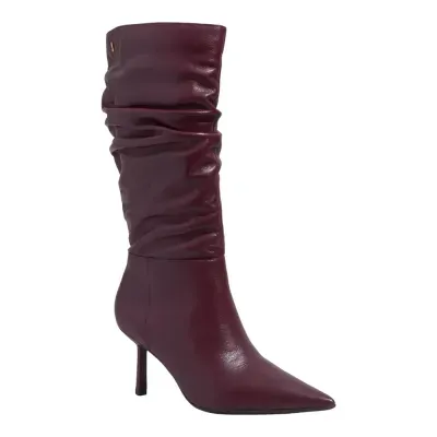 Bota Drapeado Couro Soft Cano Longo Bico Fino Roxo