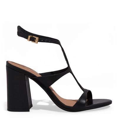 Sandália Couro Pelica Salto Grosso Preta