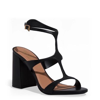 Sandália Couro Pelica Salto Grosso Preta