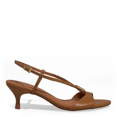 Sandália Couro Confort Salto Baixo Fino Caramelo