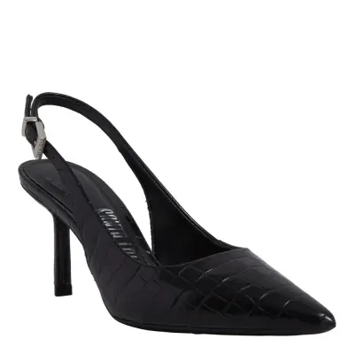 Scarpin Slingback Croco Salto Fino Preto