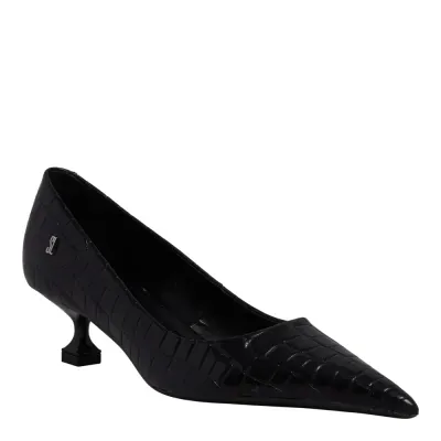 Scarpin Croco Italiano Bico Fino Salto Baixo Taça Preto