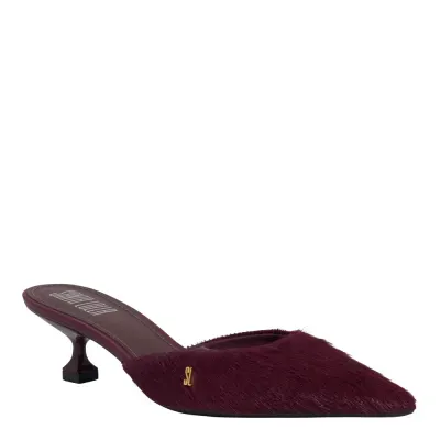 Mule Couro Pelinho Salto Taça Roxo Berry