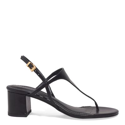 Sandália De Dedo Couro Salto Bloco Preta