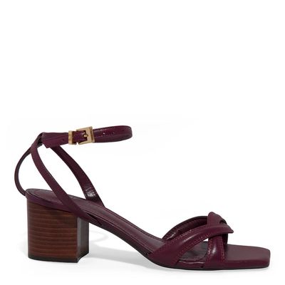 Sandália Couro Confort Salto Grosso Bico Quadrado Roxo Berry