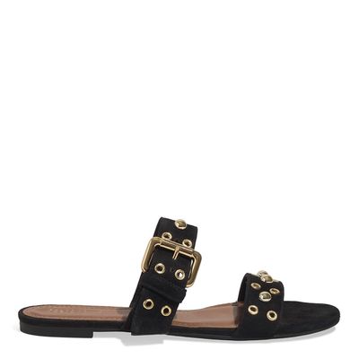 Rasteira Ilhós Couro Camurça Preta