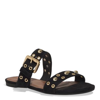 Rasteira Ilhós Couro Camurça Preta