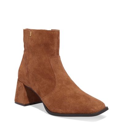 Bota Couro Camurça Cano Curto Salto Grosso Caramelo