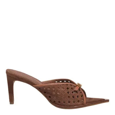 Mule Peep Toe Couro Camurça Tresse Salto Fino Marrom
