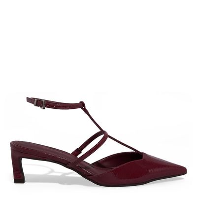 Scarpin Slingback Verniz Salto Baixo Fino Vermelho Cabernet