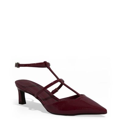 Scarpin Slingback Verniz Salto Baixo Fino Vermelho Cabernet