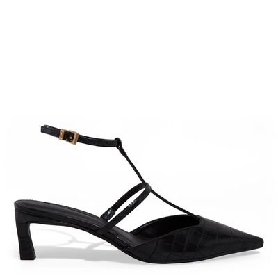 Scarpin Slingback Croco Salto Baixo Fino Preto