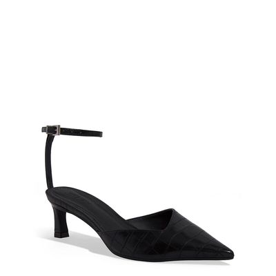 Scarpin Slingback Croco Salto Baixo Fino Preto