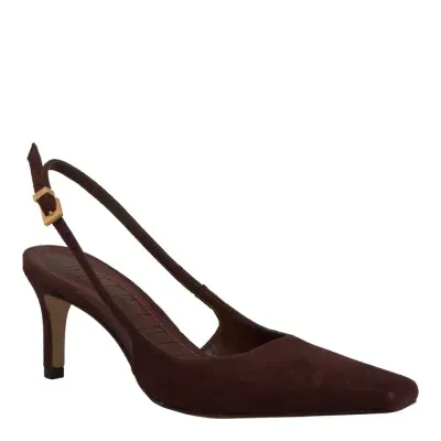Scarpin Slingback Couro Bico Quadrado Marrom Dark