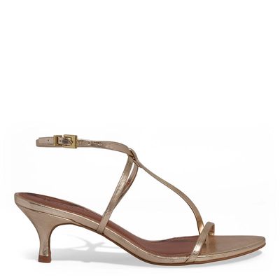 Sandália Metalizada Salto Baixo Fino Bico Folha Dourado Champagne