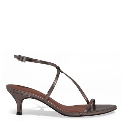 Sandália Tiras Metalizada Salto Baixo Fino Bico Folha Grafite